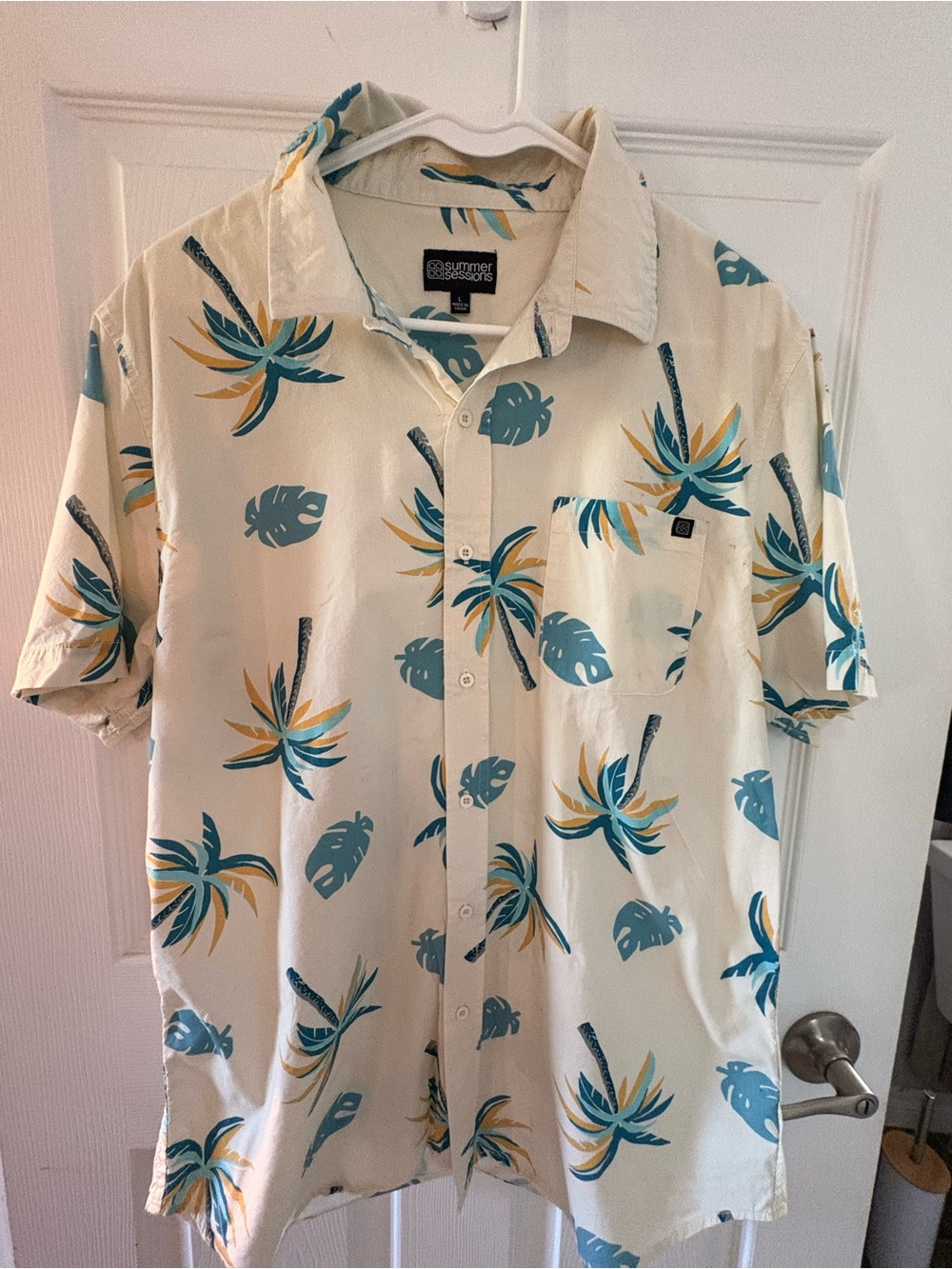 SESSIONS Cream Shirt with Teal and Yellow Tropical Print. Mens large
